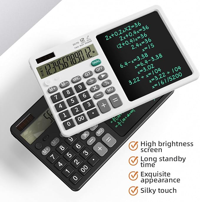 Scientific Calculator with Pull - Out Stylus, 12 - Digit Wide Screen & 100,000+ Reusable Writing Pad, One - Click Clear/Lock, Solar & Battery Dual Power, Portable for School Office Business (Black)