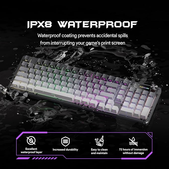 IP98 Gaming Keyboard - Wired Keyboard with RGB Backlighting, IPX8 Water Resistance, and Side Printed PBT Translucent Keycaps, Suitable for Gaming or Work (Gray-White)
