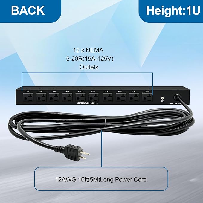 1U PDU Network Servers Surge Protector Power Distribution Unit 12-Outlet, 120V 20A, 3600 Joules 10KA,19″ Rack Mount Power Strip,Heavy-Duty 12AWG 16 ft Cord,w/AC Filter, ETL Listed, by ThePoEstore