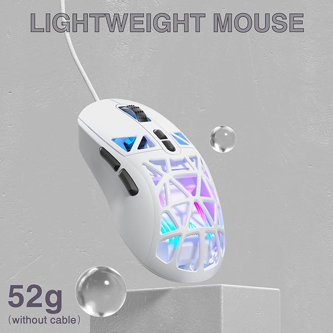 SM901 Gaming Mouse,13800DPI RGB Mouse with Programmable Buttons,53g Lightweight Wired Mouses for Gamer,White