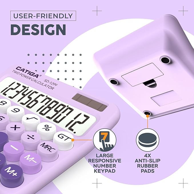 CATIGA Mechanical Switch Calculator with Solar and Battery Dual Power, 12-Digit Large LCD Display, Aesthetic and Cute Desktop Calculator with Big Button, for Home, School and Office Use, SD-1299