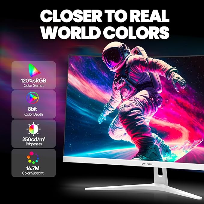 CRUA 27" Curved Gaming Monitor, FHD 1920x1080P, 165Hz/200Hz Computer Monitor, 1800R VA Screen, 120% sRGB, Support AMD FreeSync, Blue Light Filter, HDMI & DP, Wall Mount Install- White