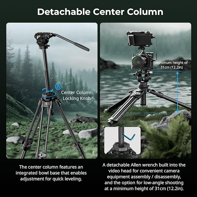 SmallRig AD-50Pro Heavy Duty Video Tripod, Carbon Fiber Lightweight Tripod with FreeSpeed One-Step Height Adjustment, Fluid Head, Dual-Mode QR Plate, Center Column, Weight 7lb, Load up 13.2lb
