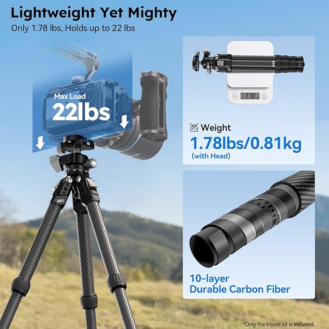 SIRUI 31.5" Compact Carbon Fiber Small Desktop Tripod with Low Profile Ball Head, Portable Lightweight Backpack Camera Tripod with Spikes for Travel Vlogging Tabletop, Macro Photography, AM-224S+G0