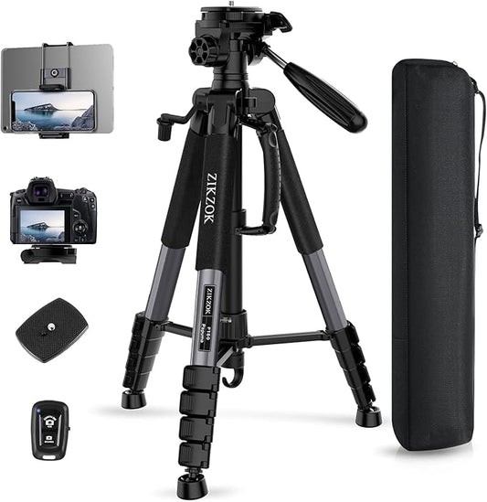 75" Camera Tripod, Heavy Duty Aluminum Camera Stand for ipad Phone, Travel Tripod with Remote/Carry Bag/Phone Tablet Holder, Compatible with DSLR, Spotting Scopes, Max Load 15 Lb(Grey)
