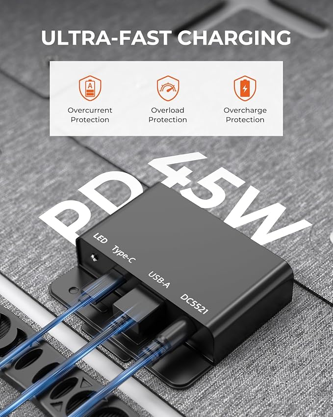 BigBlue 60W Portable Compact Solar Panel with PD 45W USB-C, 20W USB-A, DC Ports for Power Stations, Cellphones, Power Banks, Tablets, IP68 Waterproof, Foldable Camping Solar Charger with Kickstand