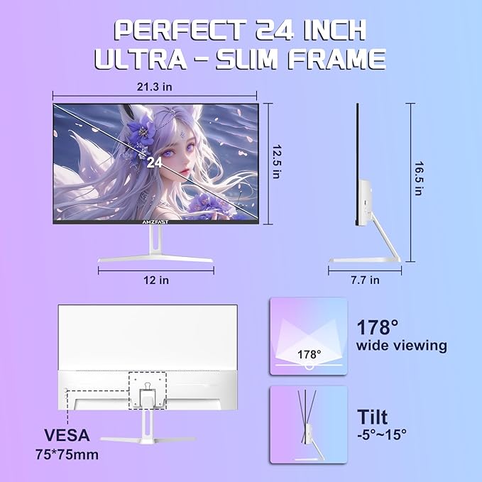 Amzfast 24 Inch Gaming Monitor 200Hz FHD 1080p Fast IPS Computer Monitor, 110% sRGB 1ms HDR Support Adaptive Sync, Eye Care VESA Mount HDMI 2.0 | Display Port 1.4 White Monitor, G24X1W