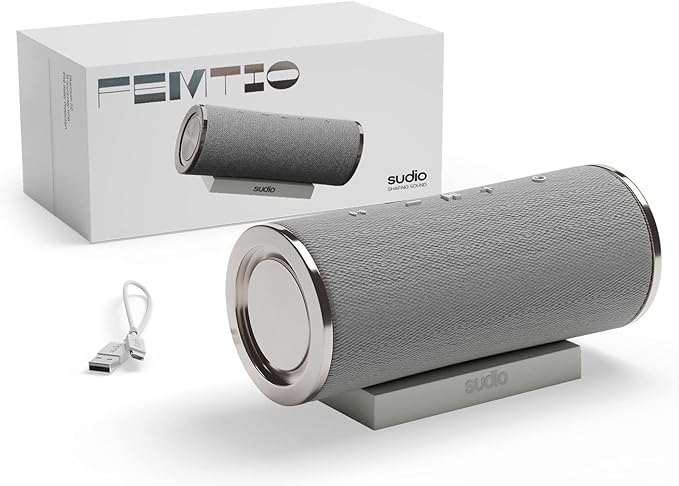 Sudio Femtio Portable Bluetooth Speakers - Wireless, IPX6 Waterproof, Dual Play, with Microphone, 14h Play Time, for Android and iOS (Silver)