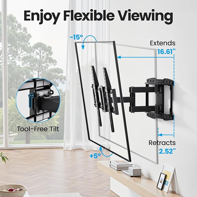 UL Listed Full Motion TV Wall Mount Bracket for Most 37-86 inch TVs, Swivel Tilt Extension Level TV Mount, Max VESA 600x400mm, Holds up to 132lbs & 16" Wood Studs with Hole Drilling Template