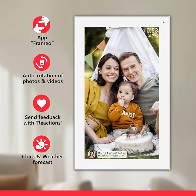 15.6 inch FRAMEO Smart WiFi Digital Photo Frame 1920x1080 FHD IPS LCD Touch Screen, Built in 32GB Memory, Share Moments Instantly via Frameo App from Anywhere, Auto-Rotate, Wall Mountable with VESA