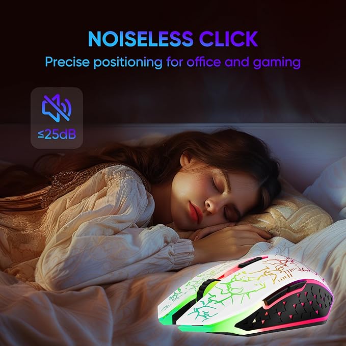 Bluetooth Mouse Wireless Gaming Mouse, 2.4G Cordless RGB Rechargeable PC Game Mouse Computer Mice for Laptop Desktop -White