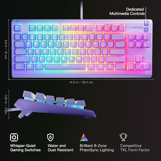 SteelSeries Apex 3 TKL Lavender RGB Gaming Keyboard — Tenkeyless Compact Form Factor — 8-Zone RGB Illumination — Water and Dust Resistant — Whisper-Quiet Gaming Switch
