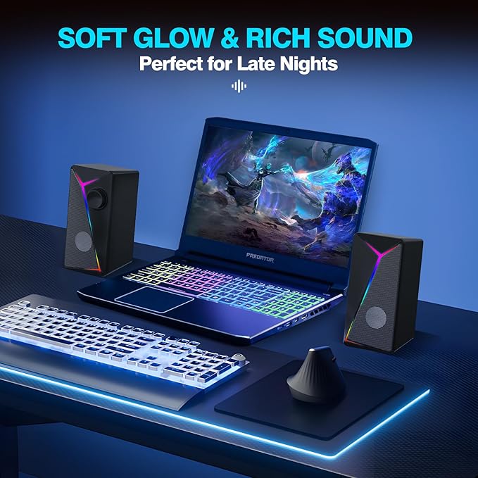Computer Speakers for Desktop PC, USB-Powered Gaming Speakers for Laptop – Multi Colorful LED Backlight Modes, Stereo Sound for Gamers Music Movies, Indoor & Outdoor Use, 3.5mm AUX Cable
