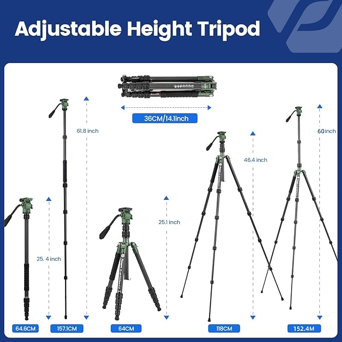 Fotopro 59" Carbon Fiber Travel Tripod, Compact Video Tripods with Fluid Head, Detachable Monopod with Arca-Swiss Quick Release Plate and Bag, Camera Tripod Load up to 8KG/17.63lbs, Green