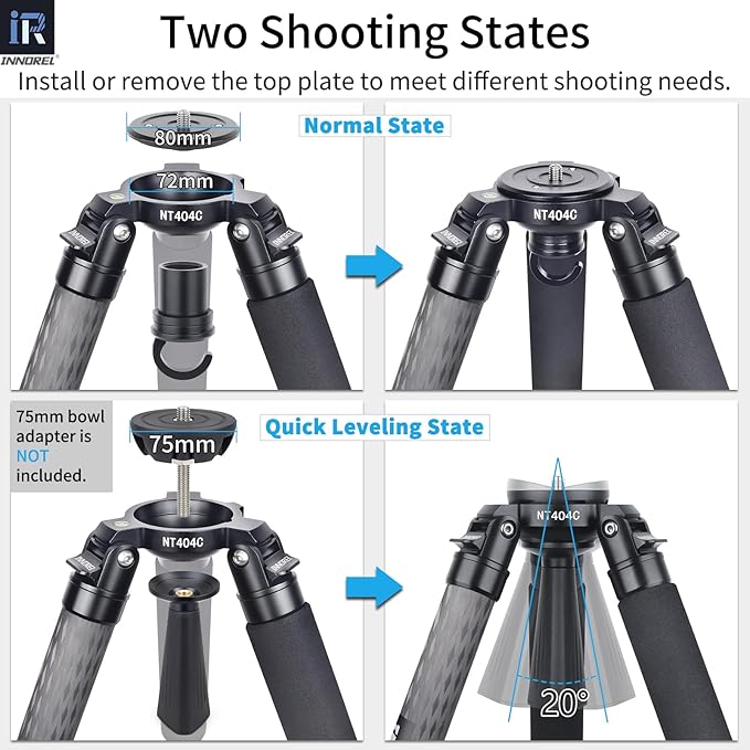INNOREL NT404C Carbon Fiber Tripod Professional Birdwatching Heavy Duty Camera 66lb/30kg Max Load 40mm Max Tube Diameter Bowl Tripod Birdwatching Camera Stand with a 1/4" or 3/8" External Screw Hole
