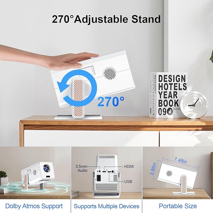 [Netflix Authorized & AI Autofocus]Upgraded 5.2 Bluetooth WiFi 6 Video Projector,XNANO Full HD Native 1080P Projector,270° Rotating Portable Projector with Smart Voice Remote Control,3D Dolby Audio