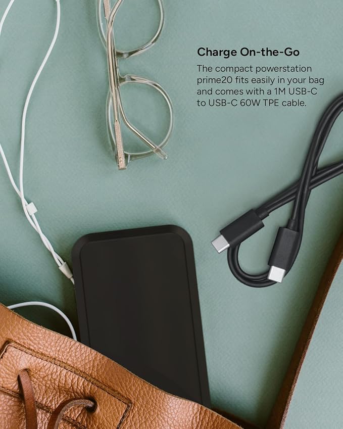 Mophie powerstation prime20 - Ultra-Compact Portable Power Bank with 20,000mAh Internal Battery, 18W USB-C PD Fast Charging, 3-Device Simultaneous Charging, Passports