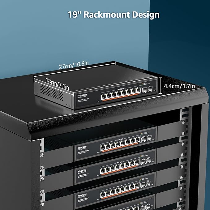 YuanLey 10 Port 2.5G PoE Switch Unmanaged, 8 x 2.5G Base-T PoE Ports, 2 x 10G SFP, IEEE802.3af/at, 120W, Compatible with 100/1000/2500Mbps, Metal Fanless, Desktop/Rack Mount 2.5Gbe Network Switch