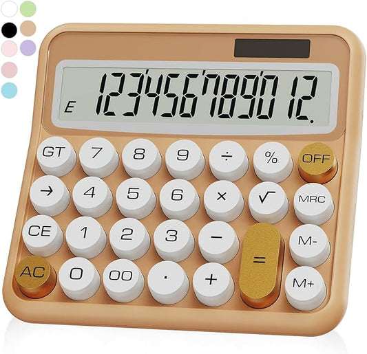 White Calculator, UPIHO Beige Standard Calculator 12 Digit with Large LCD Display and Big Buttons, White Gold Office Accessories for Women Desk, Supplies for Office, School, Home, Business
