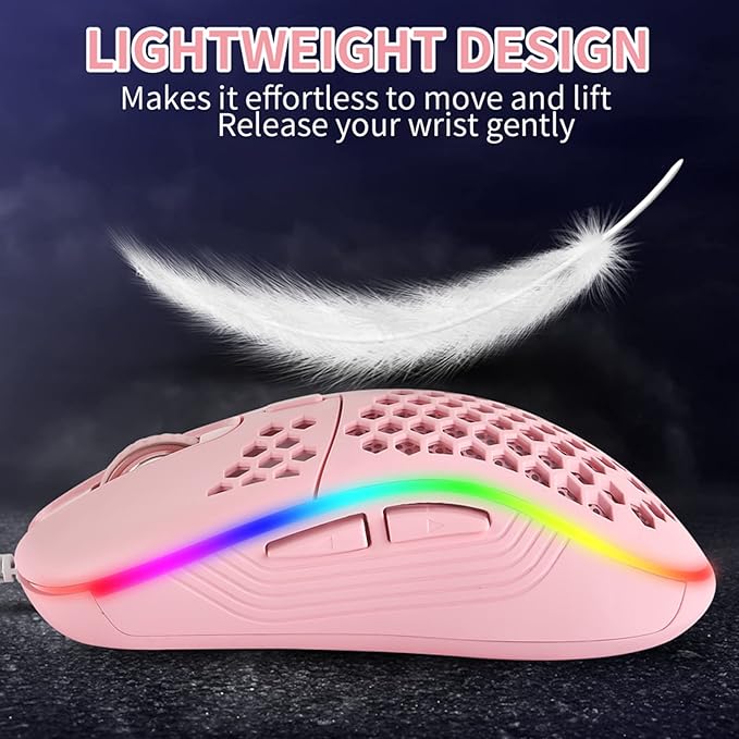 Honeycomb Wired Gaming Mouse with RGB On/Off Switch, 7200 Adjustable DPI, Ergonomic Lightweight Design & High Precision Sensor for PC/Mac Gamers (Pink)