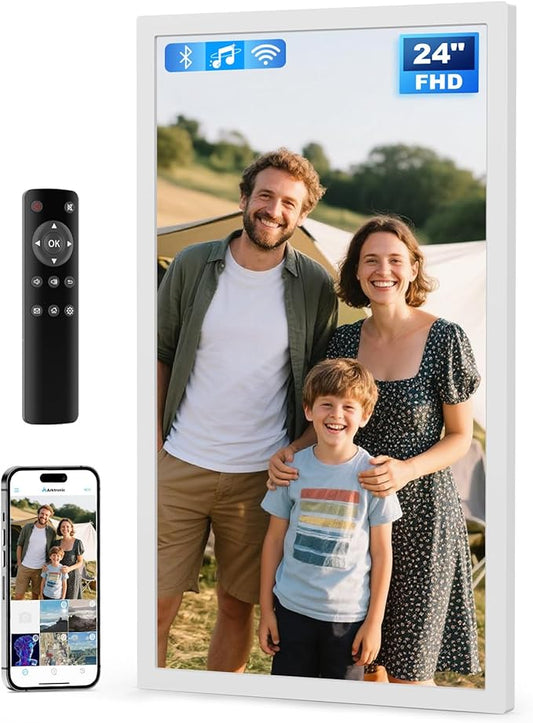 Large Digital Picture Frame 24 inch, 1920x1080 FHD IPS WiFi Digital Photo Frame with Remote, 32GB Storage, Auto-Rotate, Instantly Share Photo/Video via Apps/Email, USB/Mirco SD, White