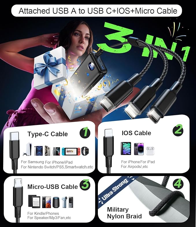 Portable Charger Power Bank - 60,000mAh Battery Pack, 22.5W Fast Charging Phone Charger with USB-C/iOS/Micro-USB Cable, Powerbank for iPhone 17 16 15 14 13 Samsung Google,for Travel Camping Essentials