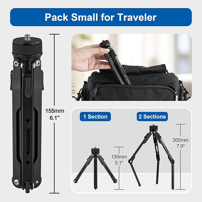 Aluminum Mini Table Tripod, Weight 162g/0.35lb, Maxload 5kg/11lb, Foldable Stand, Compact Lightweight Camera Spider Tripod, for Camera/Phone/Live Stream Light/Projector (MT-03S)