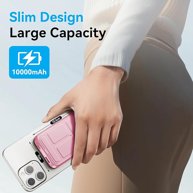 for Magsafe Battery Pack, 10000mAh Wireless Portable Charger with 20W USB-C Fast Charging, Foldable Stand & LED Display Magnetic Power Bank, Compatible with iPhone 16/15/14/13/12 All Series-Pink