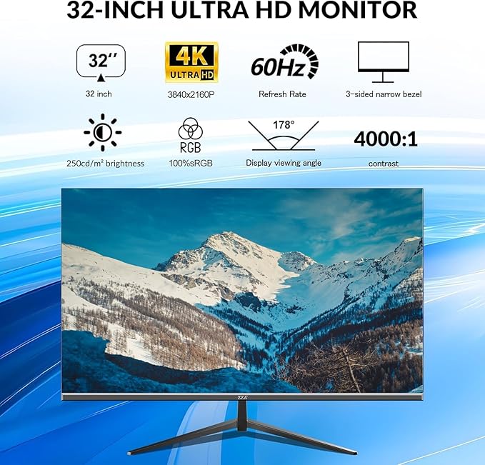 32 Inch 4K UHD Monitor (3840x2160), IPS,60Hz Refresh Rate, 100% sRGB, AMD FreeSync, 178° Viewing Angle, HDMI/DisplayPort, VESA 100x100mm Mount Compatible, Tilt Adjustable - Black