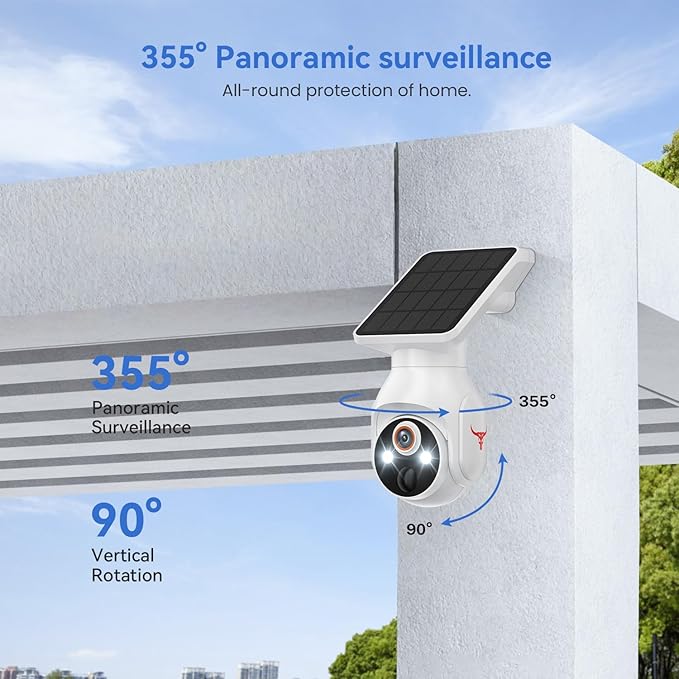 1080p WiFi Outdoor Security Camera with Solar Panel, Battery Powered, AI Motion Detection, Night Vision, Two Way Talk, IP65, Cloud Storage, Human Detection, 2.4GHz Only, Pan Tilt