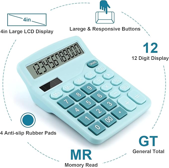 Office Desk Calculator with Solar Power, 12 Digits Large LED Display, Calculators Desktop with Big Buttons, Blue Office Home School Supplies (Blue)