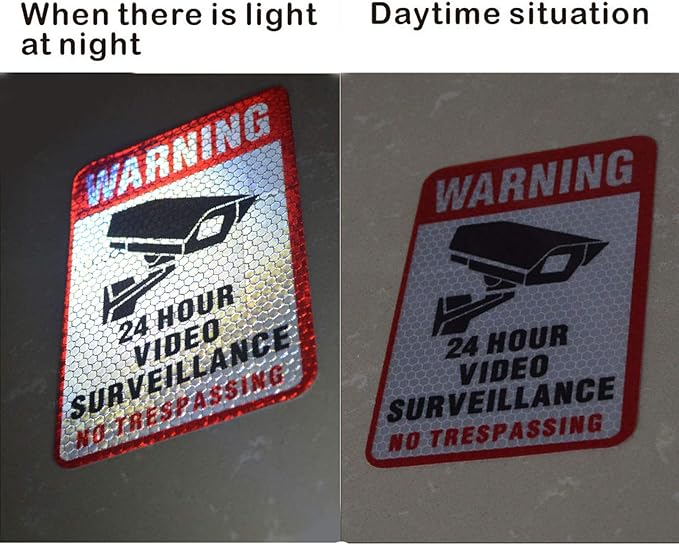 5 Pieces 24 Hours Video Recording Surveillance No Trespassing Sign Sticker. Self Adhesive 5.9 X 4 Inch, It Is Made of Reflective Film,Printed With UV Ink,Waterproof and Sunscreen, Not Fade.