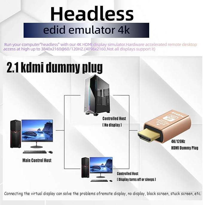 4K 120Hz HDMI 2.1 Dummy Plug – High-Resolution Virtual Display Emulator for PC, VR Headsets & Cryptocurrency Mining EDID Headless Ghost Display Adapter(4K-120Hz-2P)