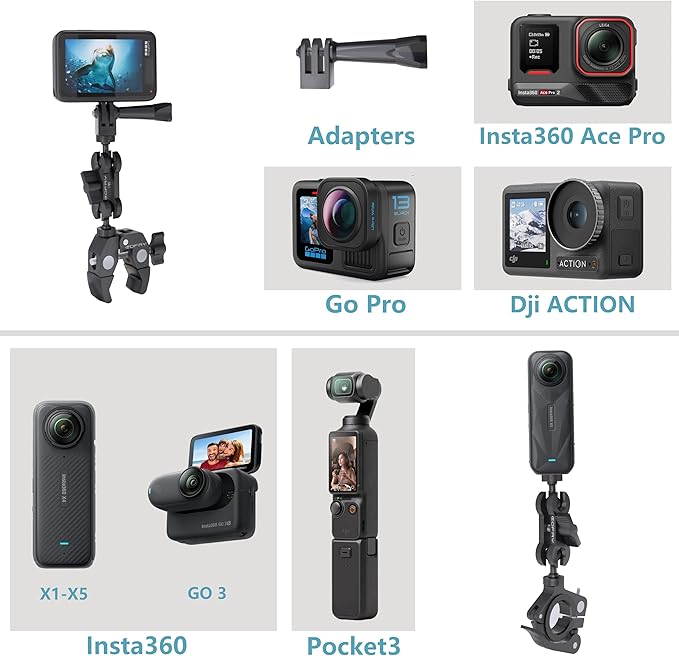 360 Motorcycle Mount Kit, Universal Adjustable 360 Camera Mount for Motorcycle Handle, Compatible with Insta360 X4 X5 Accessories, Bike Mount for GoPro Camera