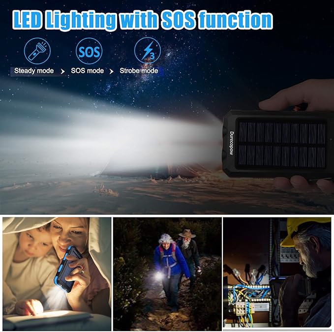 Solar Charger Power Bank, 20000mAh Portable Outdoor Waterproof Solar Battery Charger, Camping External Backup Battery Pack USB C Ports Input/Output, 2 Led Light Flashlight with Compass (Blue)