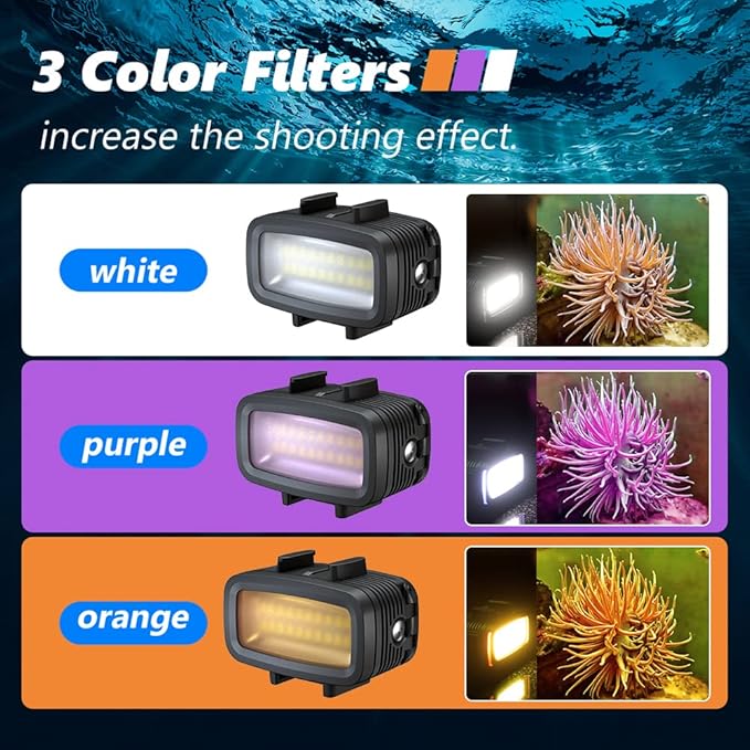 Diving Video Light Waterproof 131FT/40M with Hot Shoe Adapter 3 Color Filters Led Camera Fill Lights Underwater Photography Lighting for Gopro Nikon Sony Canon Fujifilm(SL-100)