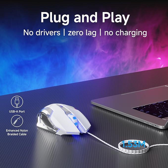 EWEADN G3 Wired Gaming Mouse, 2400 DPI Wired Optical Mouse with 6 Programmable Macro Buttons, Metal Base, 4-Color Breathing Light for PC/Laptop/Windows-White