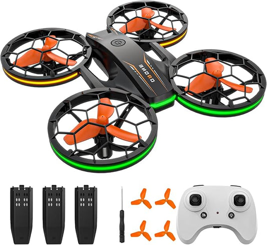 Drones for Kids - RC Drone with Auto Hovering and Headless Mode, Quadcopter with LED Light, Propeller Full Protect, 3D Flips, 3 Batteries, Remote Control, Best Toys Gifts