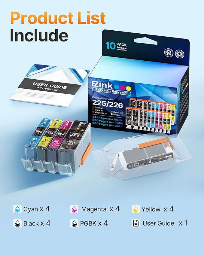 E-Z Ink Compatible Ink Cartridge Replacement for Canon PGI-225 CLI-226 PGI225 CLI226 to use with MG6220 MG6120 MG5320 MX882 MX892 (4 Large Black, 4 Cyan, 4 Magenta, 4 Yellow, 4 Small Black) 20Pack