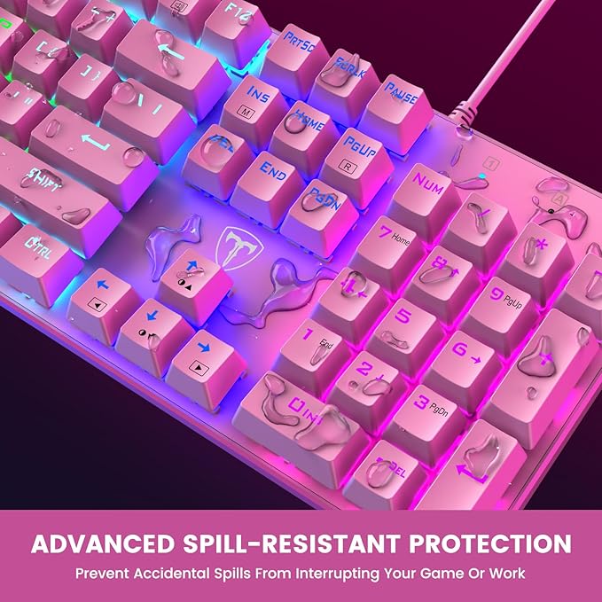 RisoPhy Mechanical Gaming Keyboard, RGB 104-Key Ultra-Slim Backlit USB Wired Keyboard with Blue Switch, Durable ABS Keycap/Anti-Ghosting/Spill-Resistant for PC, Mac, Xbox Gaming, Pink