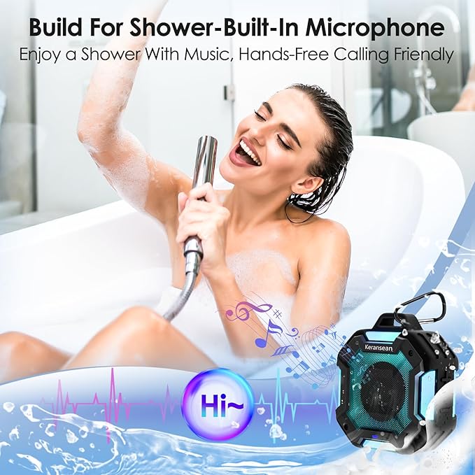 Bluetooth Shower Speaker - Portable Bluetooth Speakers, IPX7 Waterproof Shower Speaker Wireless, Outdoor Speaker with Lights, BT5.4, TWS Stereo Pairing for Paddle Board/Beach, Party, Black