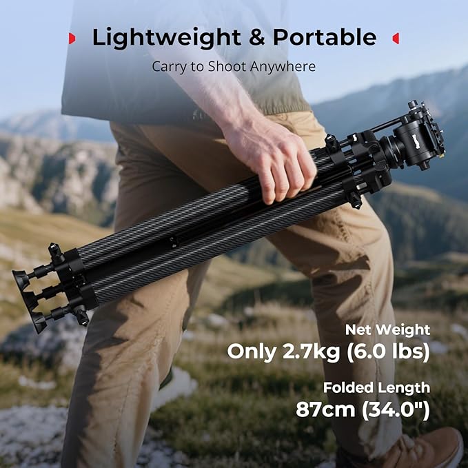 SMALLRIG 73''/185cm Carbon Fiber Heavy Duty Video Tripod, Max Load 10kg (22lbs), Fluid Head with +85° to -78 Tilt Range, Compact Travel Tripod Weight 2.7kg(6lbs), Folded Height 87cm, AD-14-5441