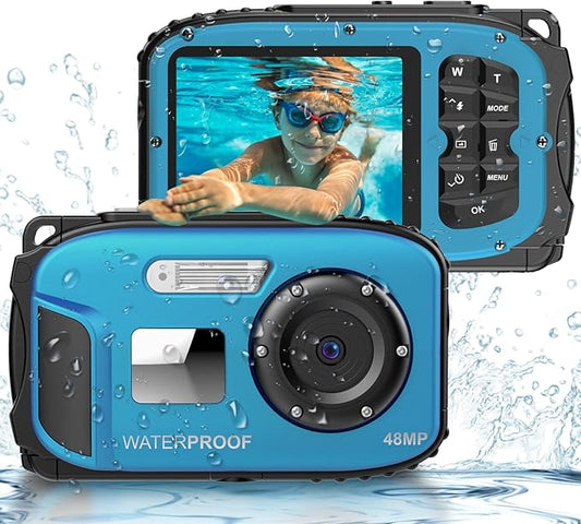Underwater Camera 16FT Waterproof for Kids Waterproof Digital Camera for Snorkeling Swimming Autofocus 1080P Portable with Rechargeable Batteries, Sling, Blue