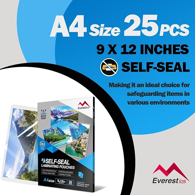 Everest Self Seal Laminating Pouches, Self Sealing for Letter Size, 9x12 Inch, Document and Certificate, Waterproof, 10 Mil Thick, Gloss Finish, No Machine Needed (9X12, 25, Pack)