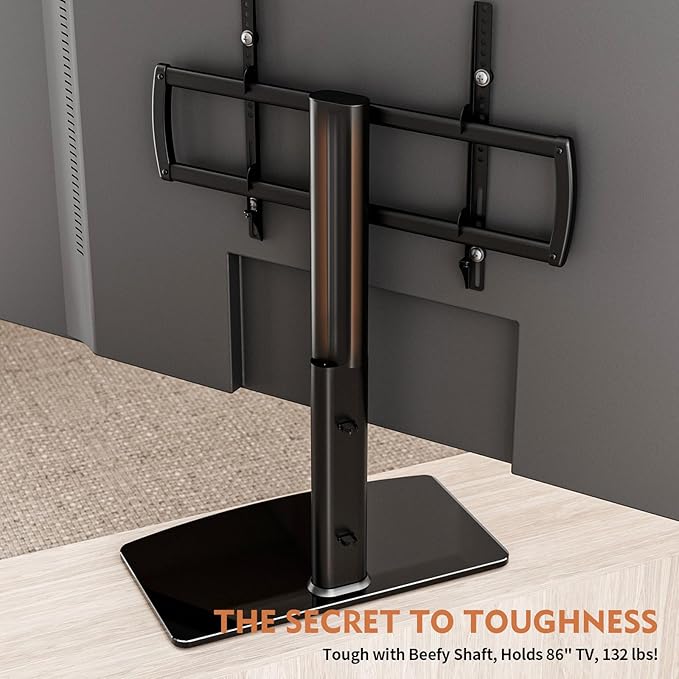 Universal Swivel TV Stand/Base Table Top Stand 40 to 86 inch TVs 110 Degree Swivel, 5 Level Height Adjustable, Heavy Duty Tempered Glass Base, Holds up 132lbs Screens, HT04B-003