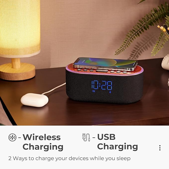 uscce Alarm Clock Bluetooth FM Radio: 10W Stereo Sound Speaker - Fast Wireless Charging for iPhone Samsung - Dimmable Clock Radio for Bedroom