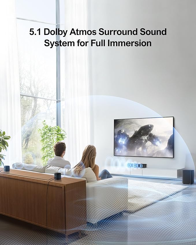 ULTIMEA 5.1ch Sound Bar with Dolby Atmos, Surround Sound System for TV, App Control, Home Theater Sound System, TV Soundbar with Subwoofer, 2 Surround Speakers, HDMI eARC/Opt/AUX/BT, Aura A50 Pro