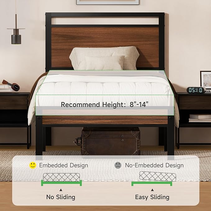 Z-hom Upgraded Twin Bed Frames, Heavy Duty Metal Sturdy Bed Frame Twin Size with Modern Wood Headboard & Footboard, Stable Platform Bed Furniture Bed Storage, No Noise, No Box Springs,Walnut
