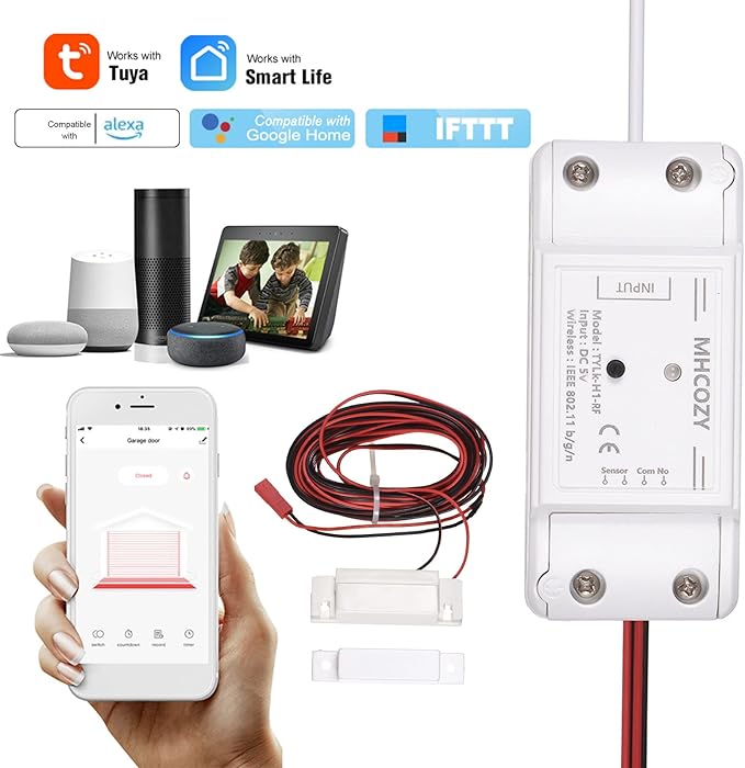 Tuya WiFi+BT Smart Garage Door Opener Controller Kit Intelligent Garage Controller Kit Timing Function Remote Monitoring Voice Control Compatible with Alexa,Google Home,IFTTT