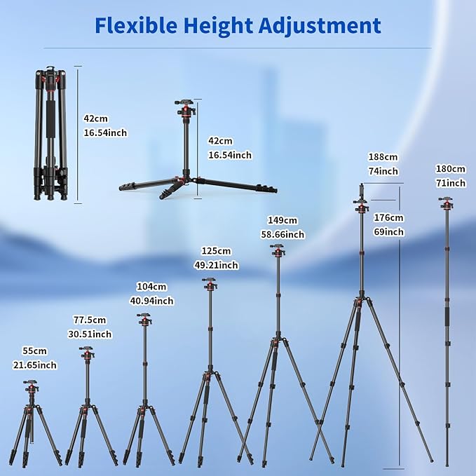 XXZU 74" Camera Tripod for DSLR/Monopod,360°Ball Head,Quick Release Plate,Phone Holder,Aluminum Lightweight Compact Travel Tripod Stand,Camera Tripod Compatible with DSLR/Phone,Max Load 10KG/22.05LB